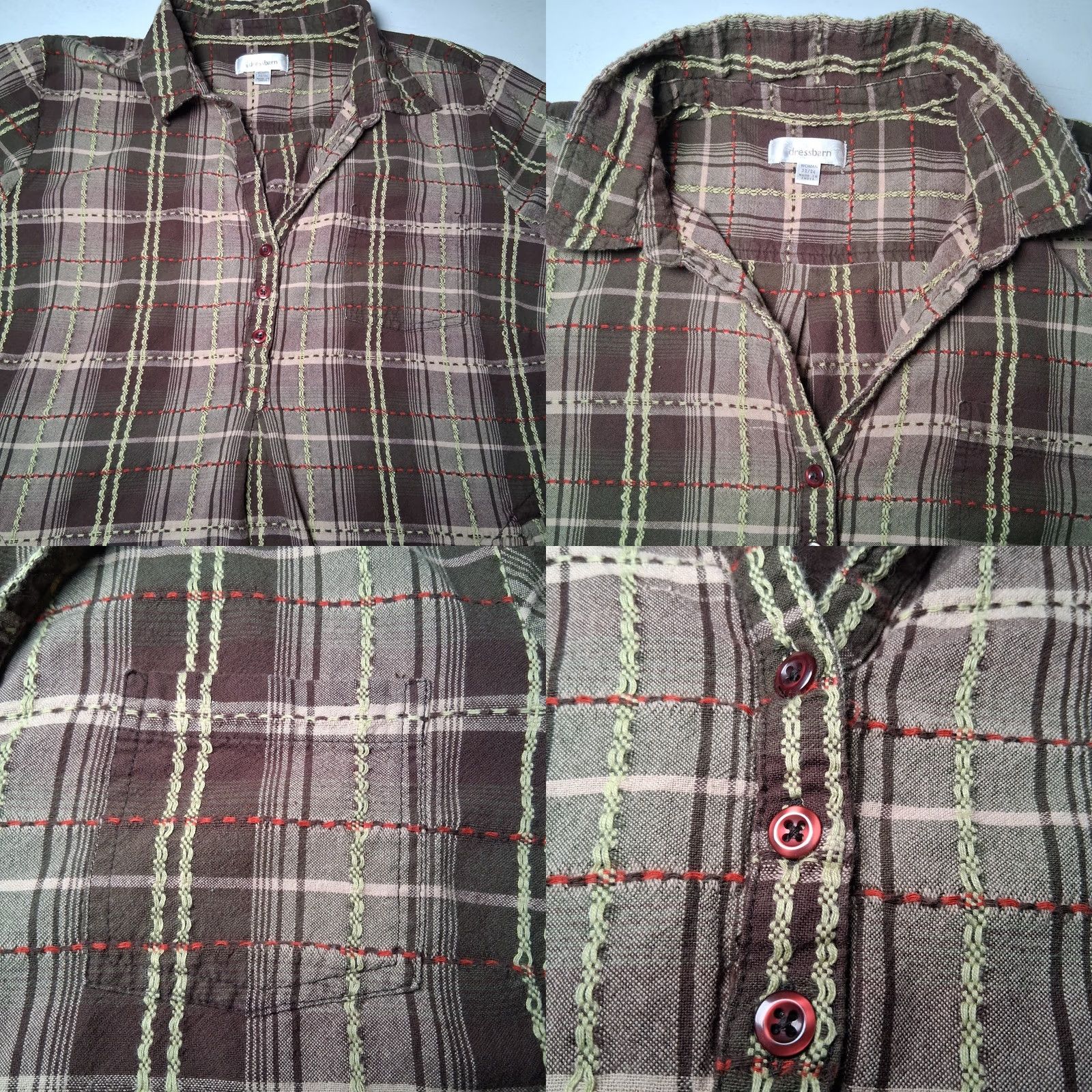 Vintage Dressbarn Blouse Women Plus Size 22/24 Green Plaid V Neck Lagenlook Popover Size 3XL / US 20-22 - 9 Thumbnail