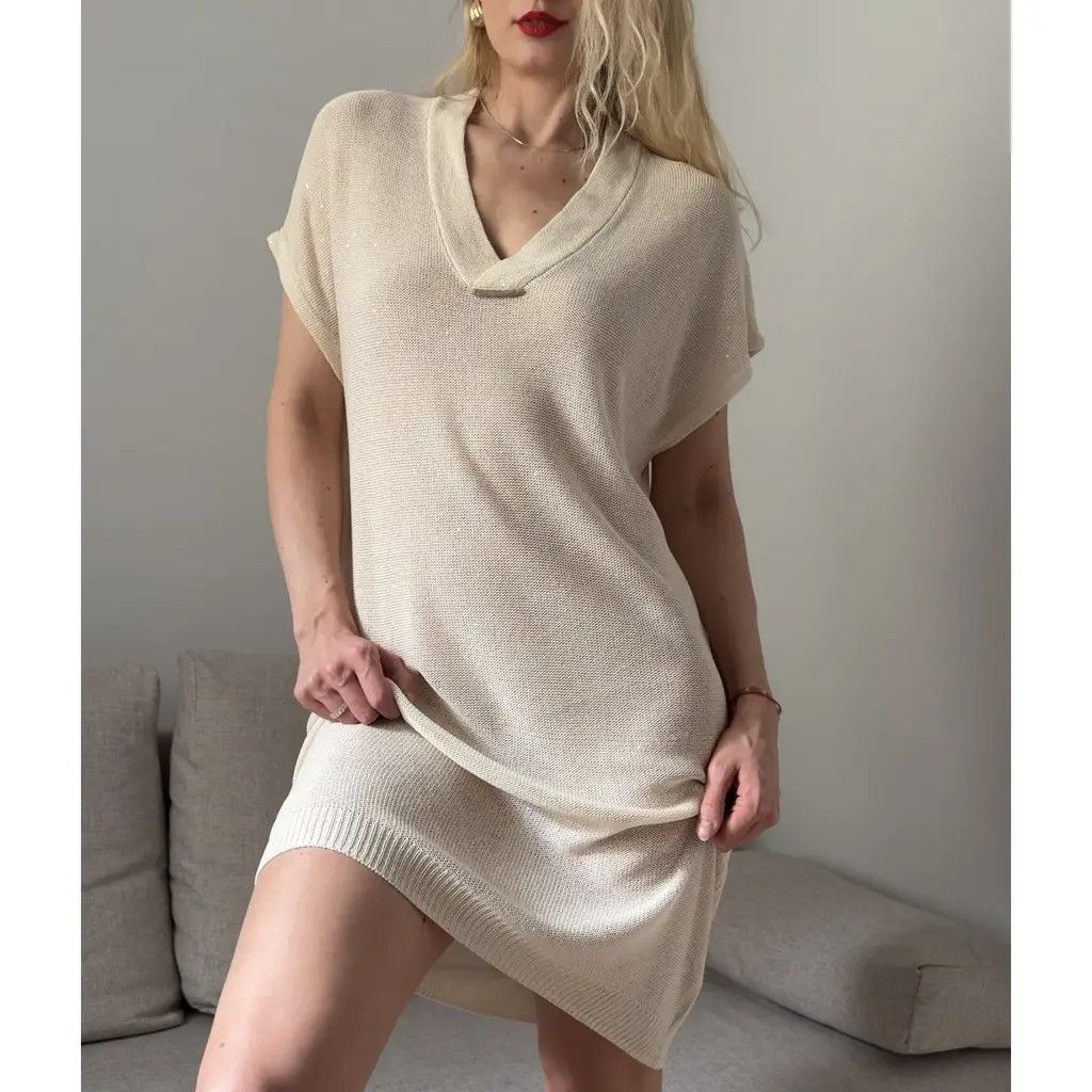 Brunello Cucinelli Brunello Cucinelli Beige Sequin Linen Silk Knit Mini Dress L Size L / US 10 / IT 46 - 1 Thumbnail