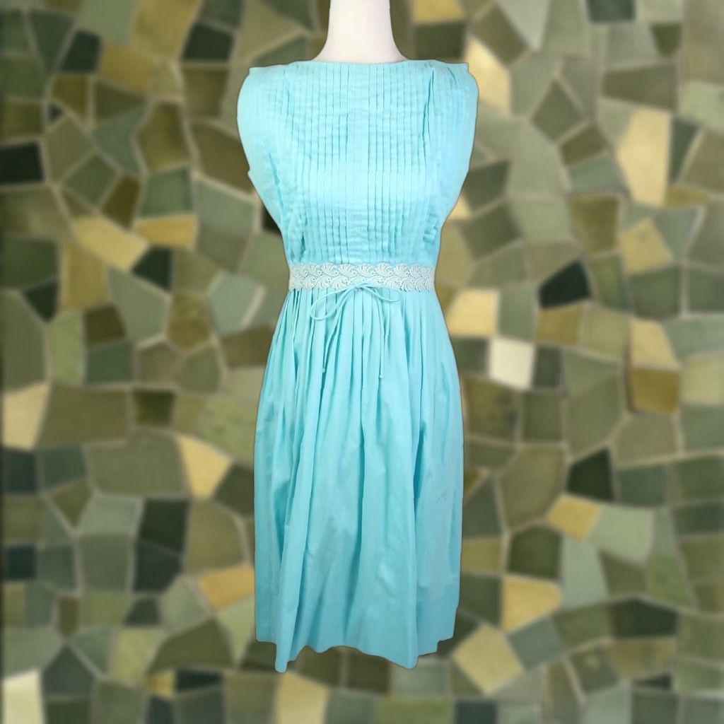 Vintage VINTAGE 60s J. Harlan Turquoise Blue Pleated A-Line Midi Dresses S Sleeveless Zip Back Size S / US 4 / IT 40 - 1 Thumbnail