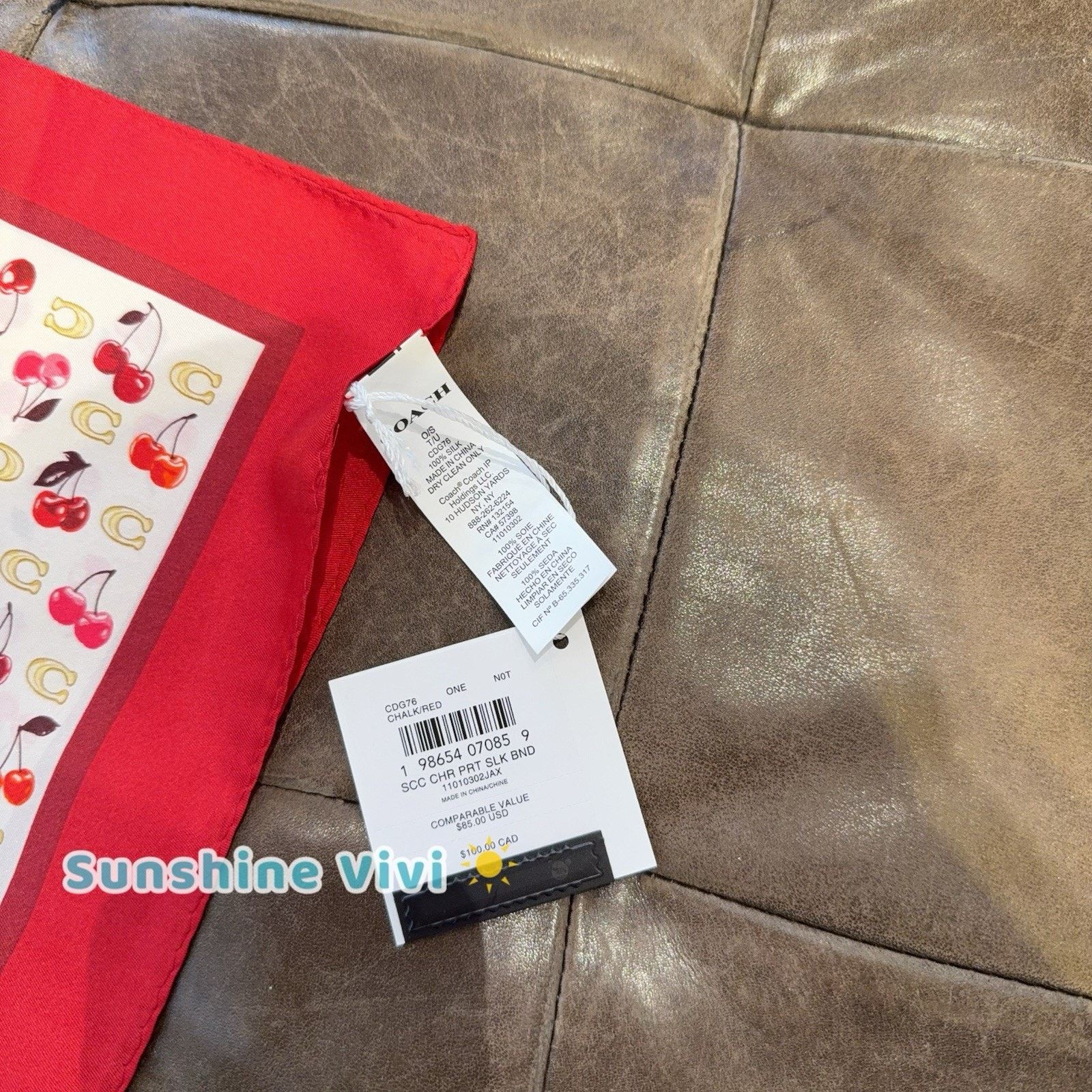 Coach NWT Coach Sculpted C Cherries Silk Bandana Chalk/Red CDG76 Size ONE SIZE - 5 Thumbnail