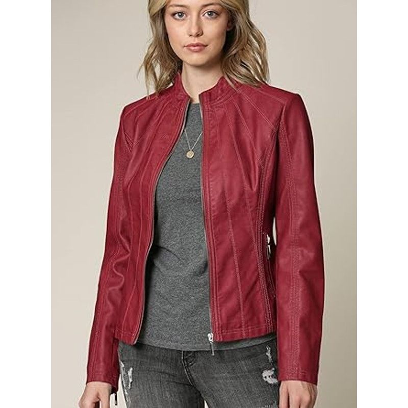 Other LL WJC877L Womens Panelled Faux Leather Moto Jacket S RED Size S / US 4 / IT 40 - 4 Thumbnail