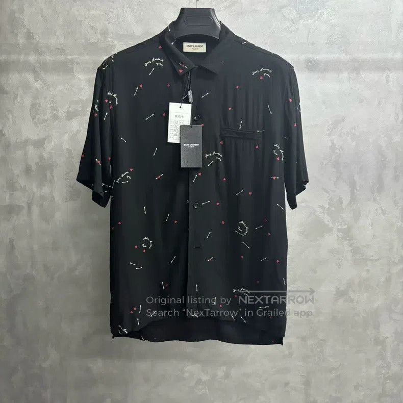Saint Laurent Paris Black Printed Shark Collar Short Sleev