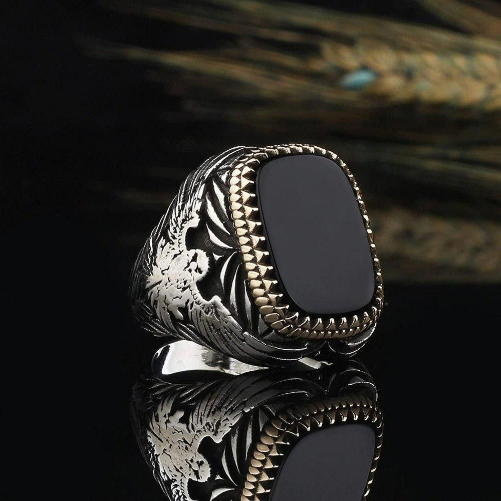 Designer Men's Golden Black Eagle Big Retro Silver Ring - Size 6 Size ONE SIZE - 1 Thumbnail