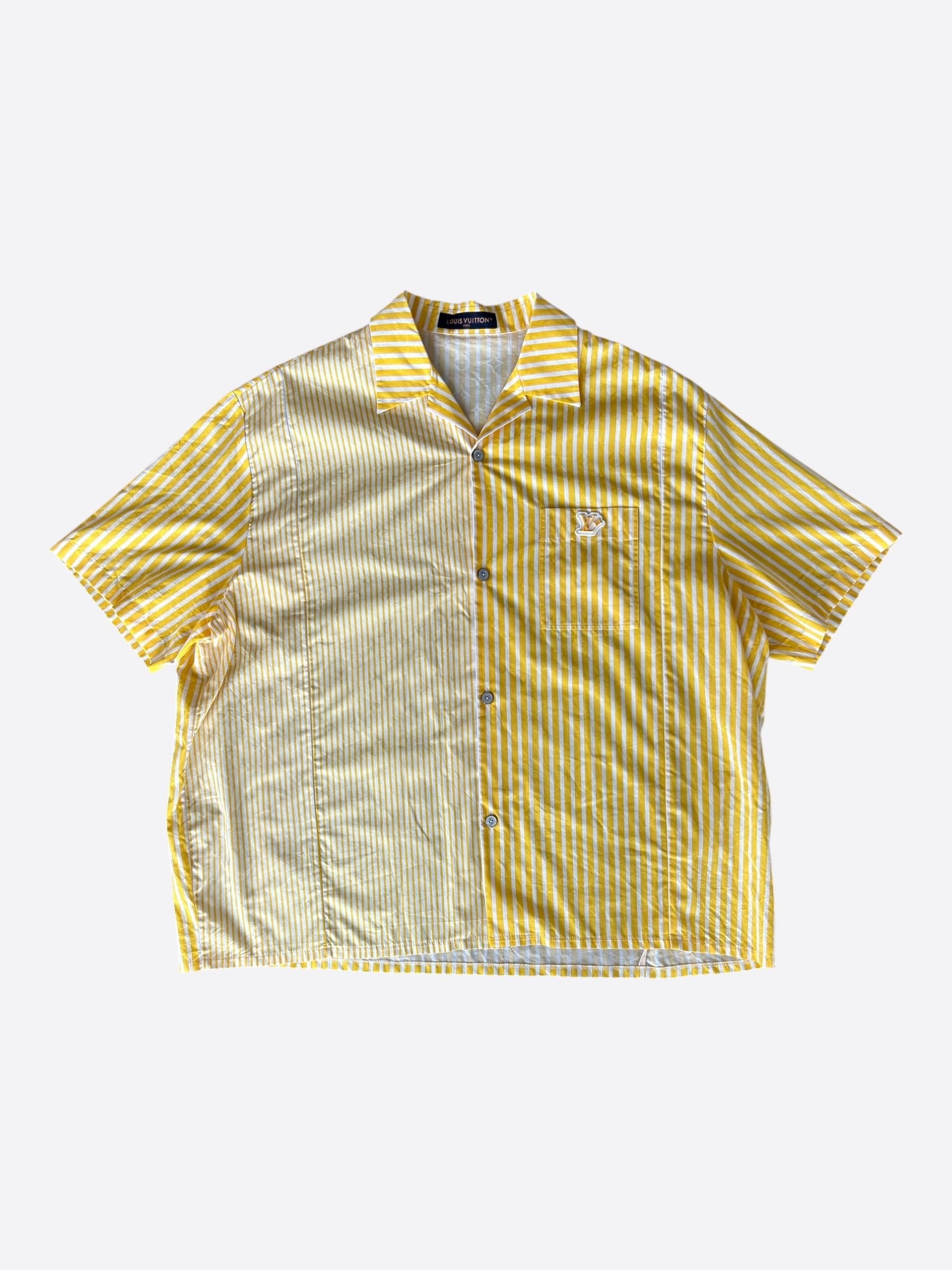 Yellow & White Striped Monogram Denim Button Up Shirt