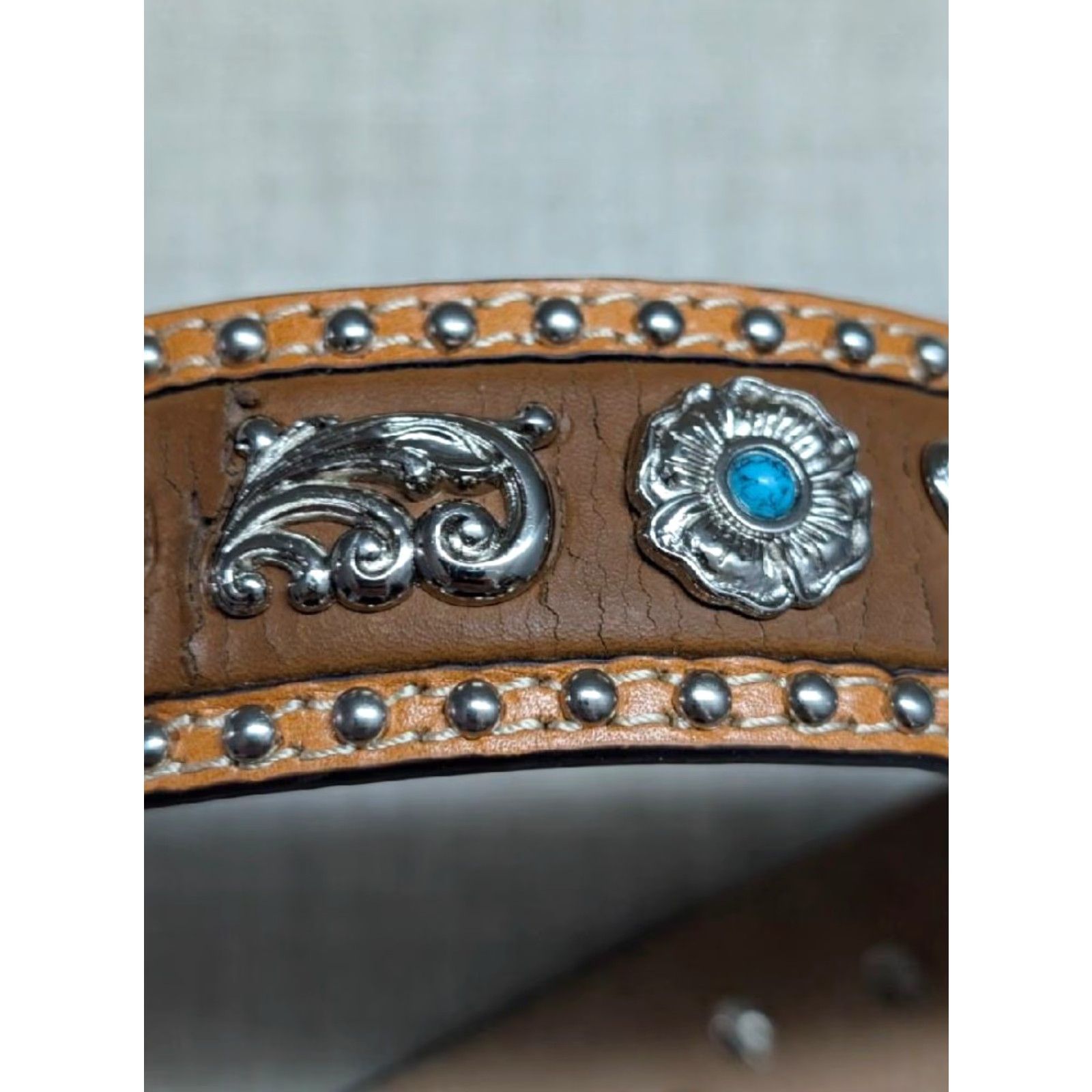 Vintage VINTAGE NOCONA belt western Studded tooled leather 38 TURQUOISE brown Concho Southwestern Texas Lonestar Mens Belt 1-1/2" Adult 38 Size 38 - 3 Thumbnail