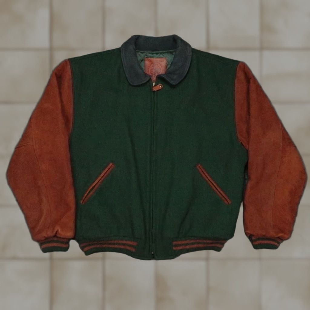 VINTAGE Golden Bear Bomber Jacket Men Medium Wool Leather Green