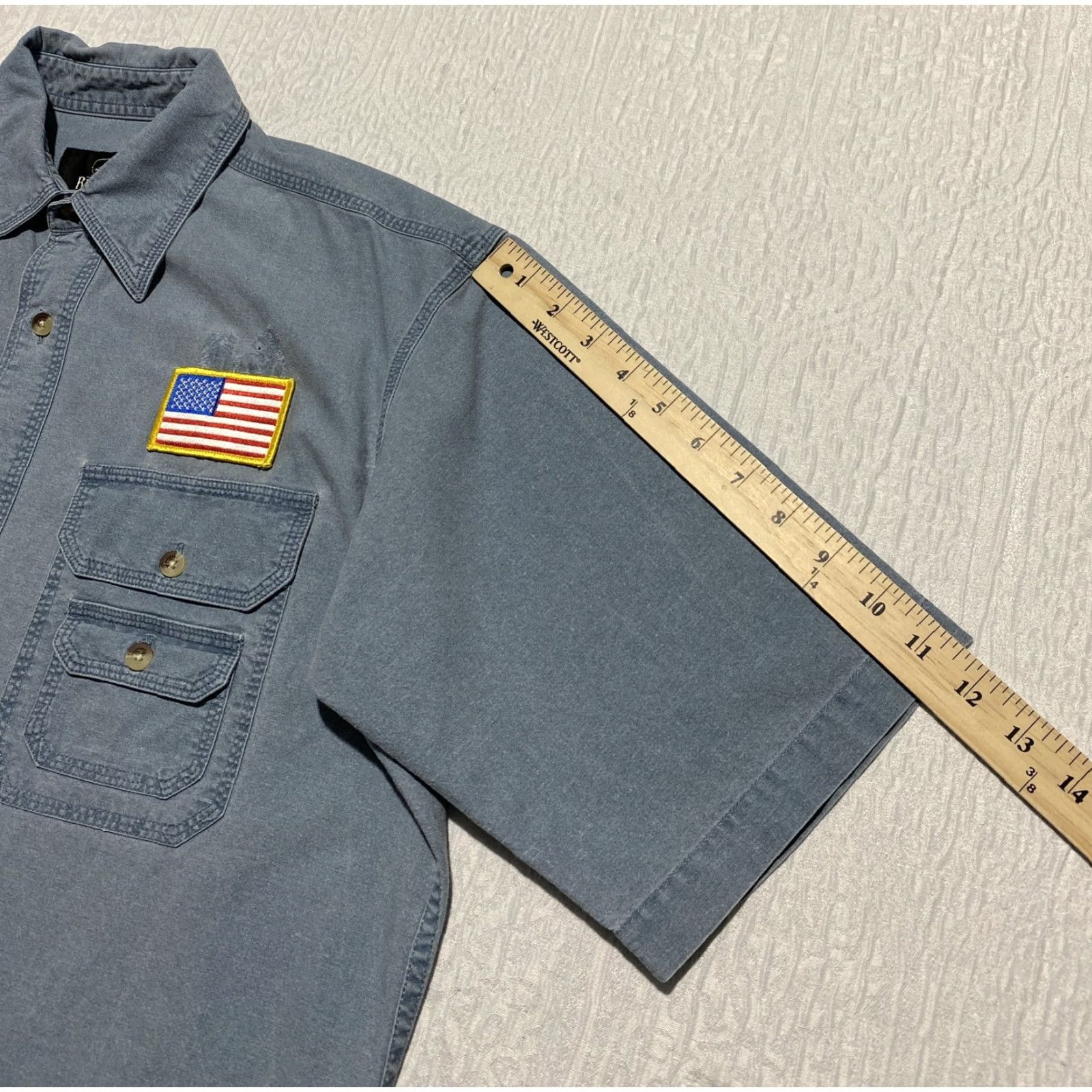 Vintage RedHead Shirt Mens M Blue Short Sleeve Button-Up American Flag Patch Cotton Size US M / EU 48-50 / 2 - 6 Thumbnail