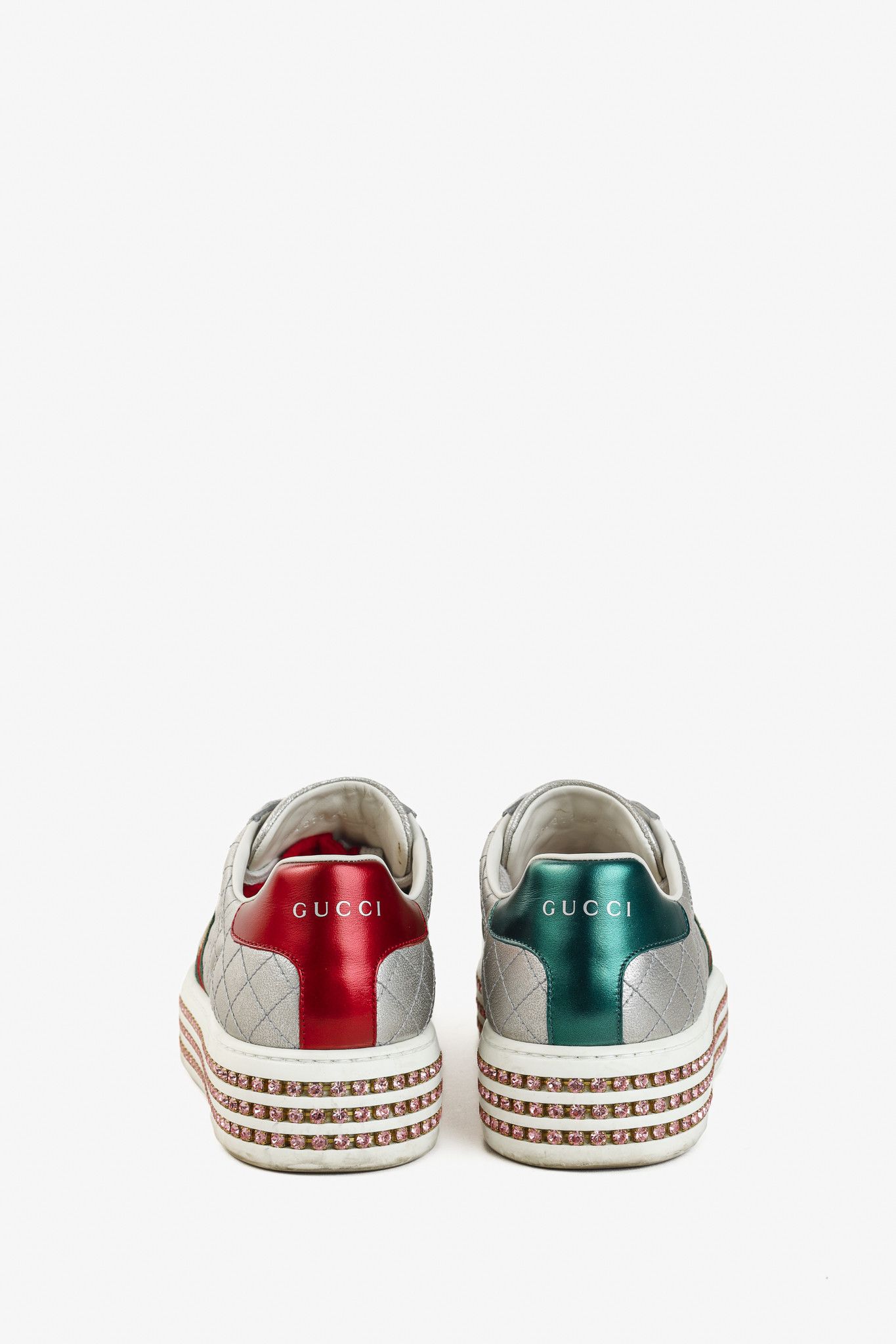 Gucci Gucci Ace Silver Quilted-Leather Crystal-Platform Sneakers Size US 9.5 / IT 39.5 - 3 Thumbnail