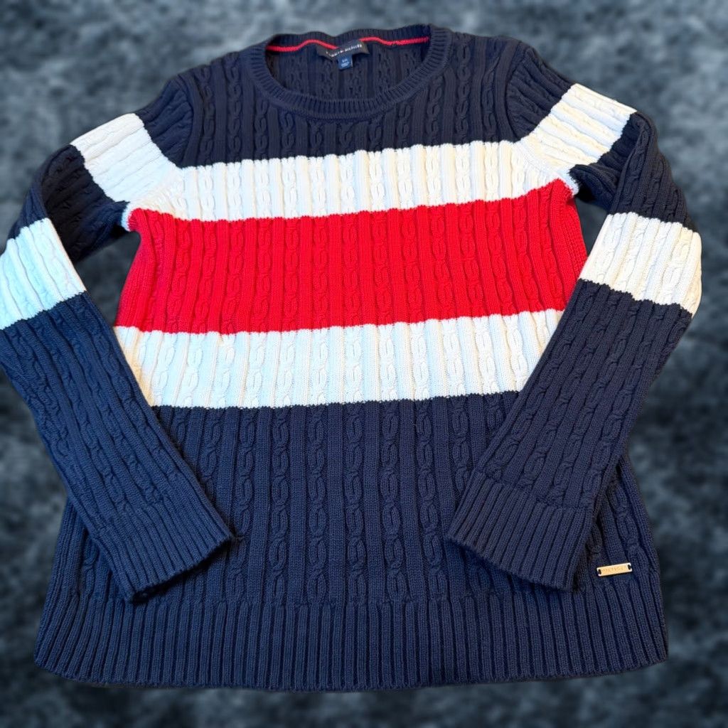 Tommy Hilfiger Tommy Hilfiger Sweater Womens Large Navy Red White Cable Knit Stripe Crew Neck Size L / US 10 / IT 46 - 1 Thumbnail