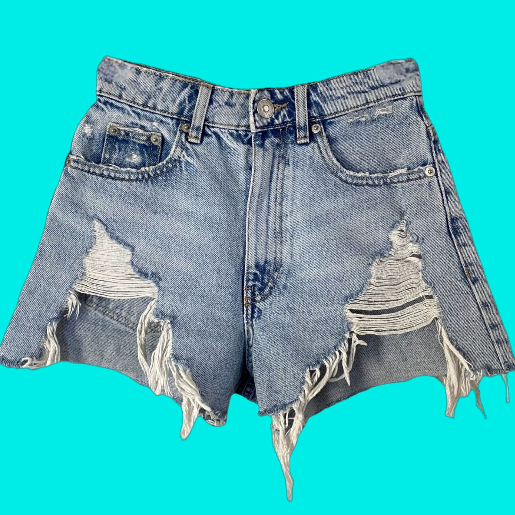 Zara Zara High-Waisted Distressed Jean Shorts Women's 00 Blue Cut Off Raw-Hem Womens Size 26" / US 2 / IT 38 - 1 Thumbnail