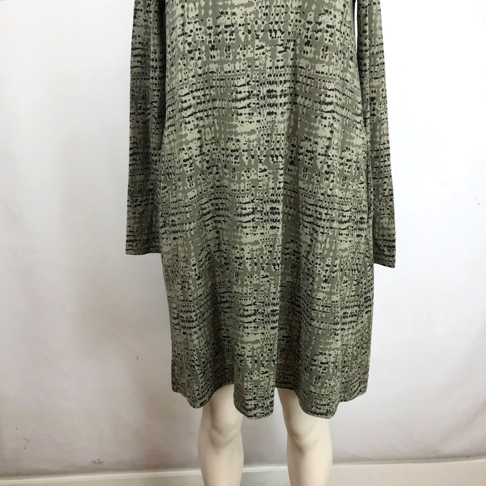 Vintage Pact Organic Cotton Long Sleeve Shift Dress Olive Green Abstract Dot Print M Size M / US 6-8 / IT 42-44 - 3 Thumbnail