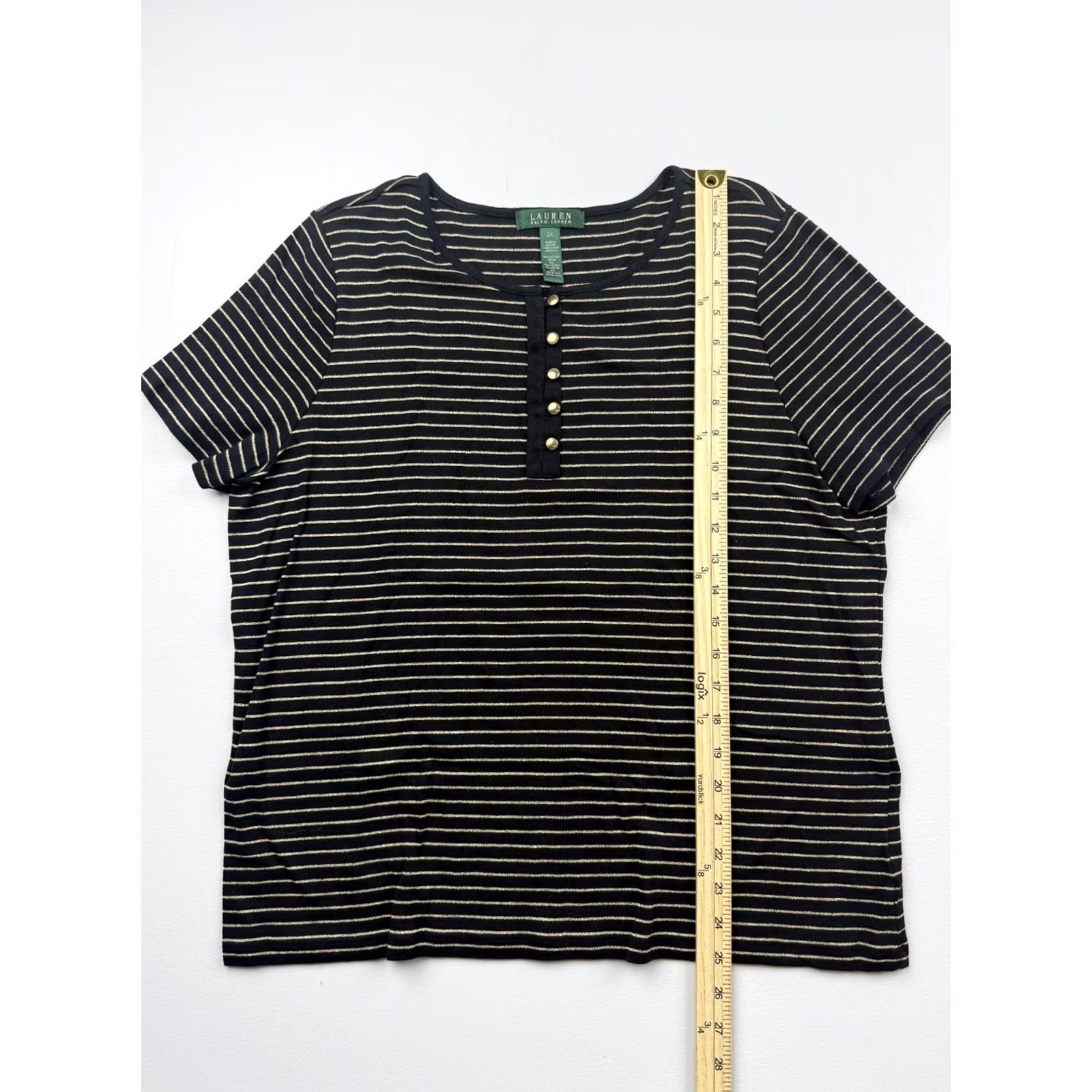 Ralph Lauren Lauren Ralph Lauren Shirt Womens 2X Black Stripe Henley Short Sleeve Jersey Top Size XXL / US 16-18 / IT 52-54 - 4 Thumbnail