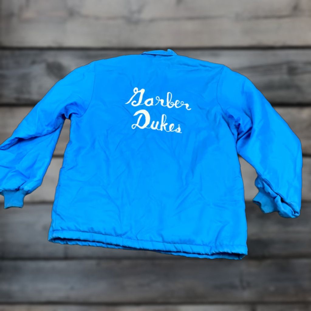 Vintage VTG 80s Michigan Garber Dukes Satin Snap Jacket Adult Large Pappa Hoggs Blue Embroidered Nylon Shell Lined Bomber USA Men Vegetative? Size US L / EU 52-54 / 3 - 1 Thumbnail