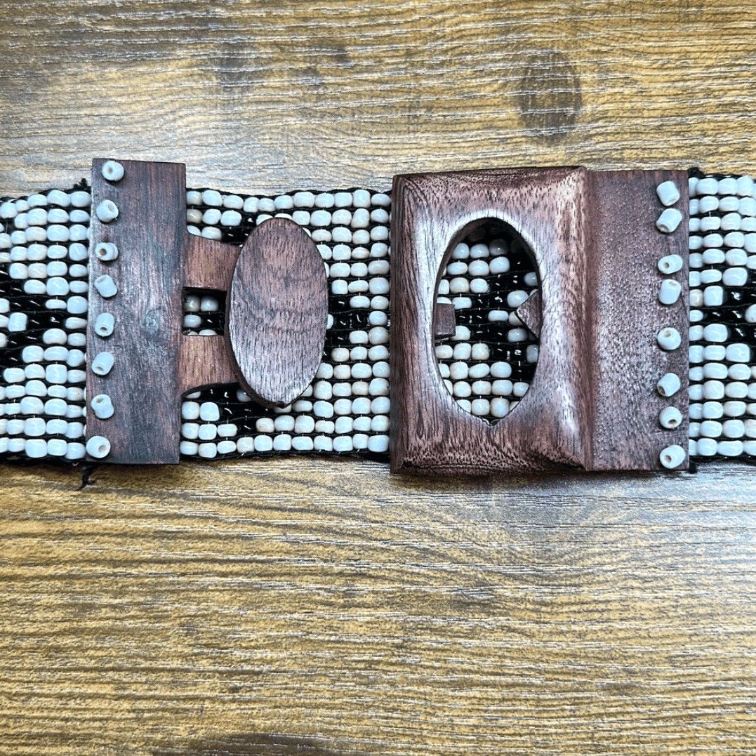 Vintage VINTAGE Women's Beaded Belt One Size Wide Wooden Hook Buckle Retro Boho Stretch Fit Black Brown Aztec Design W 2.25” Size ONE SIZE - 5 Thumbnail
