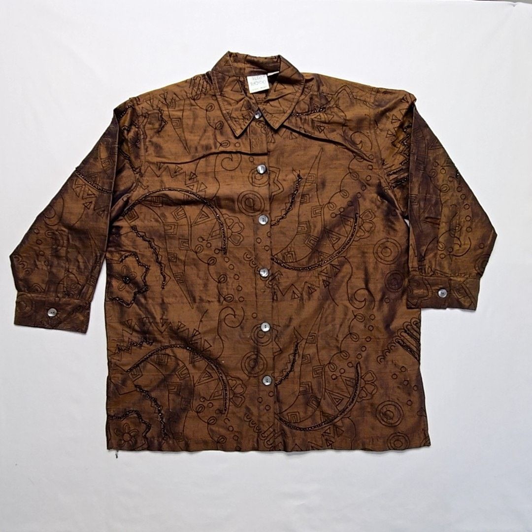 Vintage Vintage Bleu Bayou Silk Shirt S Brown Beaded Blouse 90s Size S / US 4 / IT 40 - 1 Thumbnail