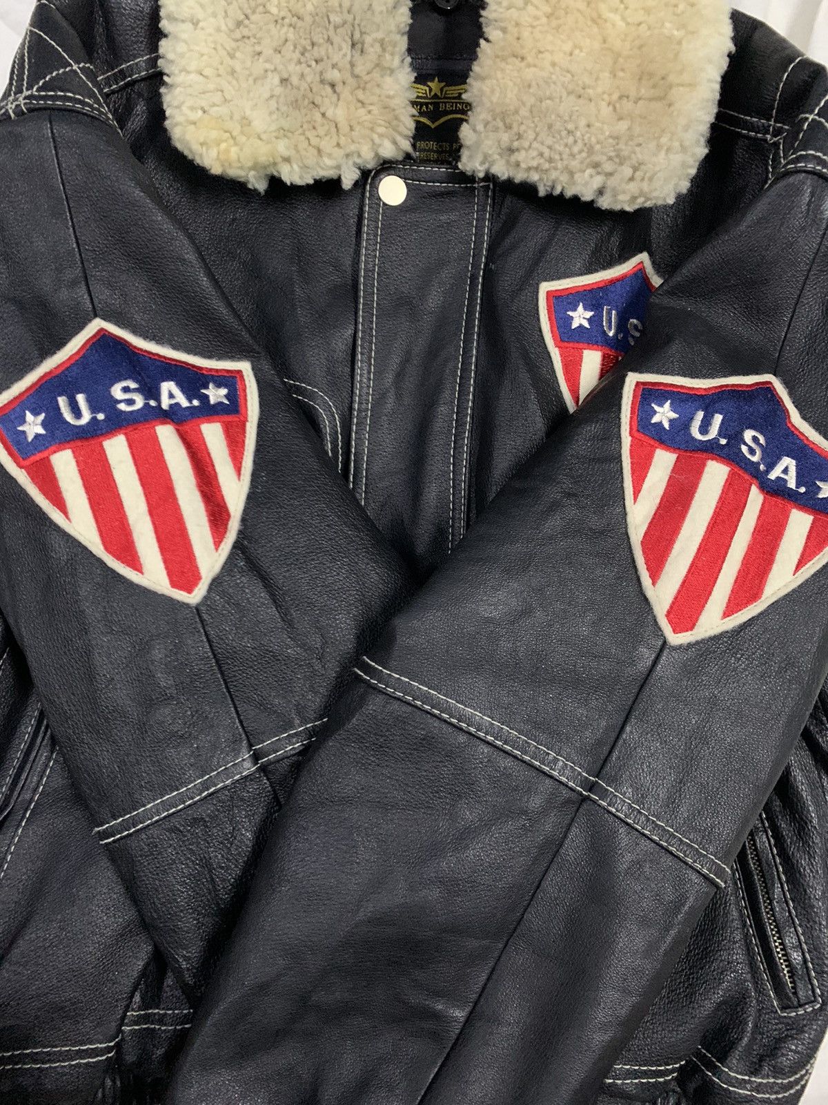 Other Vintage Human Being USA Flag Real Leather Bomber Jacket Size US M / EU 48-50 / 2 - 13 Thumbnail