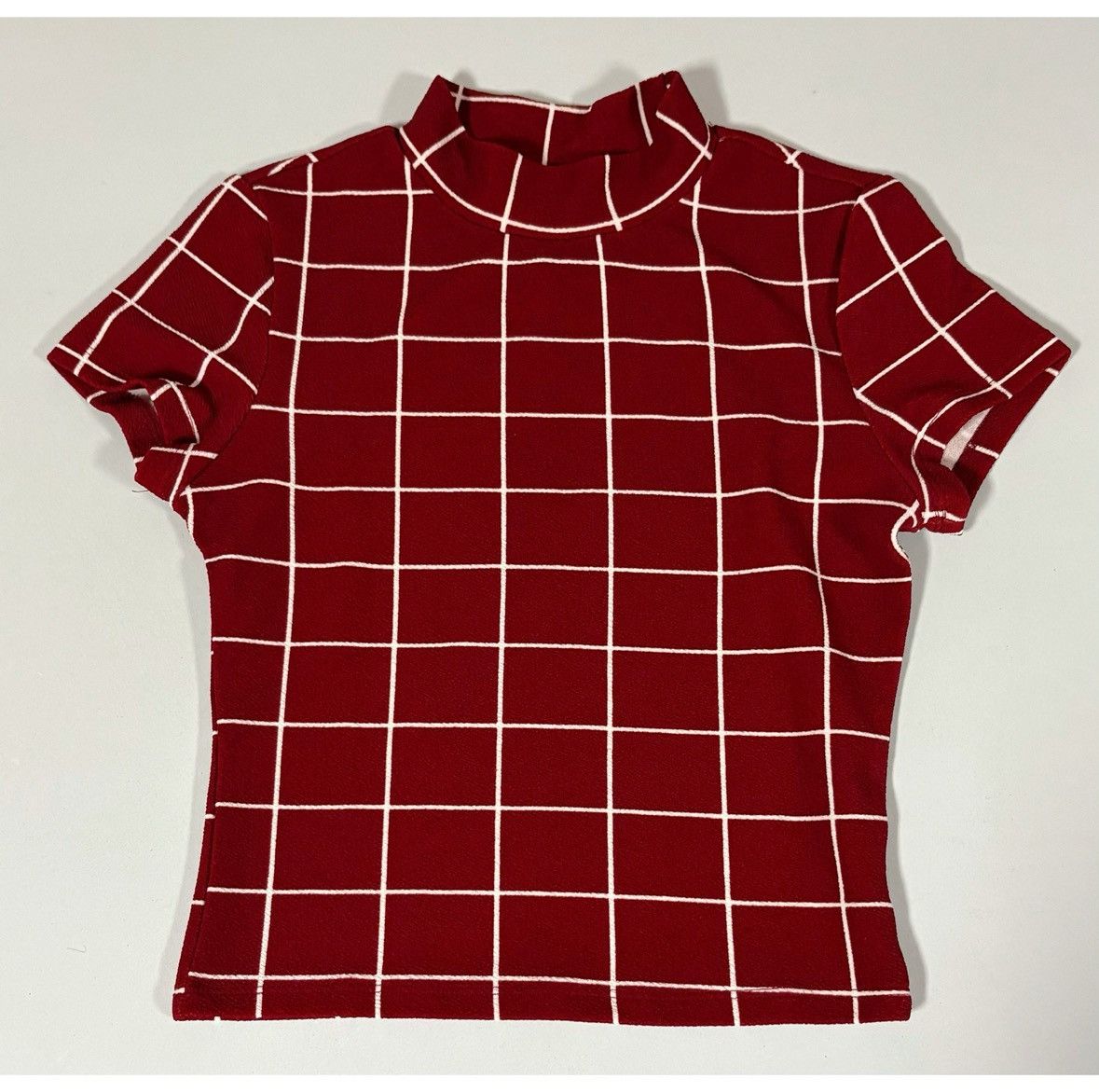 Vintage Red Grid Checkered Mock-Neck Turtleneck Shirt Blouse XS 🤍♥️ Size XS / US 0-2 / IT 36-38 - 1 Thumbnail