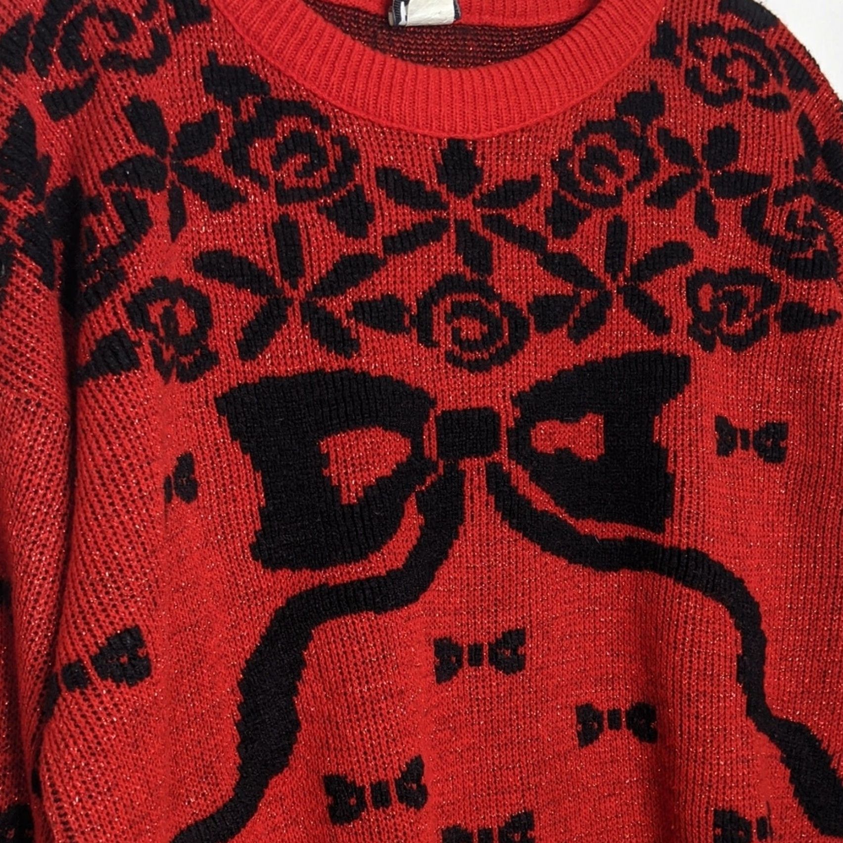 Vintage VINTAGE 80s Sweater Knit Sparkle Grandma Christmas Bow VTG Shirt Top L Red Unisex Adults pull-over pullover Women/Men? Size L / US 10 / IT 46 - 5 Thumbnail