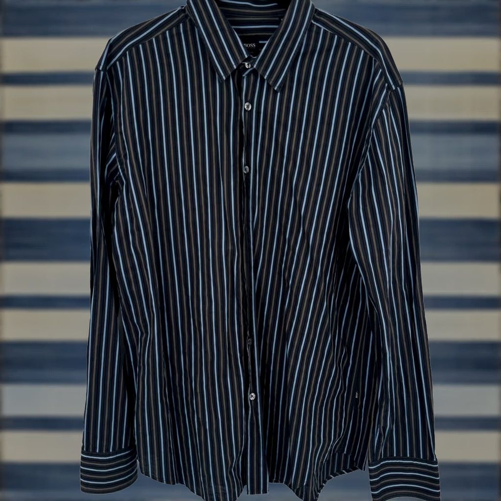 Hugo Boss HUGO BOSS Slim Fit Shirt Men XL Blue Brown Striped Button-Down Italy Long Sleeve Dress Shirt Size US XL / EU 56 / 4 - 1 Thumbnail