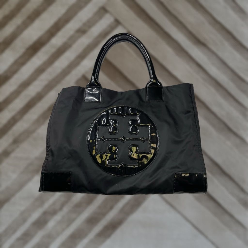 Tory Burch Ella Large Tote Bag Black Handbag Purse Tote Large Black Nylon Leather Double Handles Women