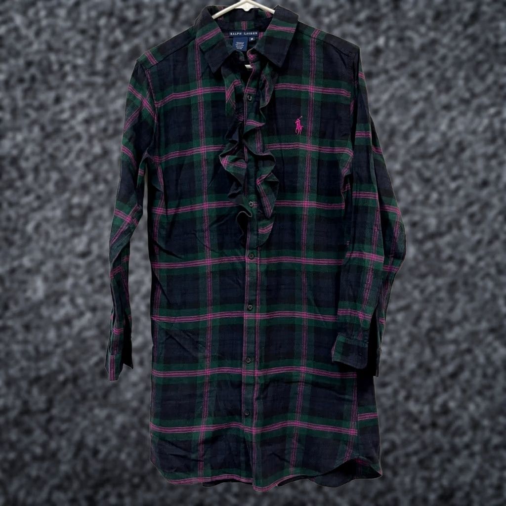 Ralph Lauren Ralph Lauren Plaid 100% Cotton Flannel Shirt Dress Medium Green/Black/Pink Long Sleeve Button Front Ruffle Casual Shirt Dress Womens Size M / US 6-8 / IT 42-44 - 1 Thumbnail