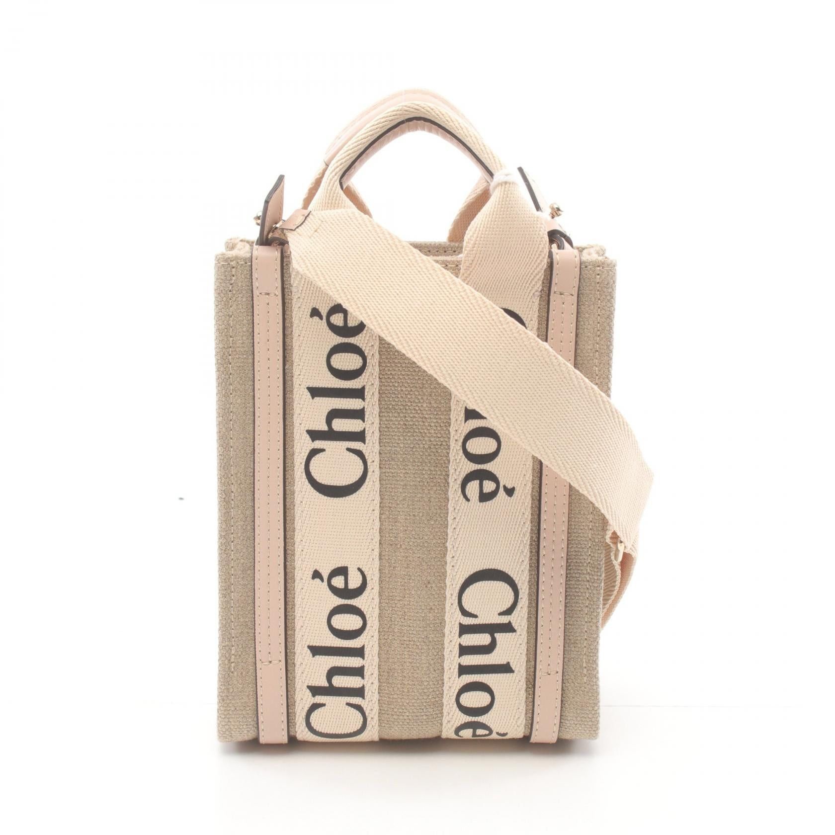 Chloe Chloe Woody North South Mini Tote Bag Handbag Canvas Leather Beige Pink Size ONE SIZE - 1 Thumbnail