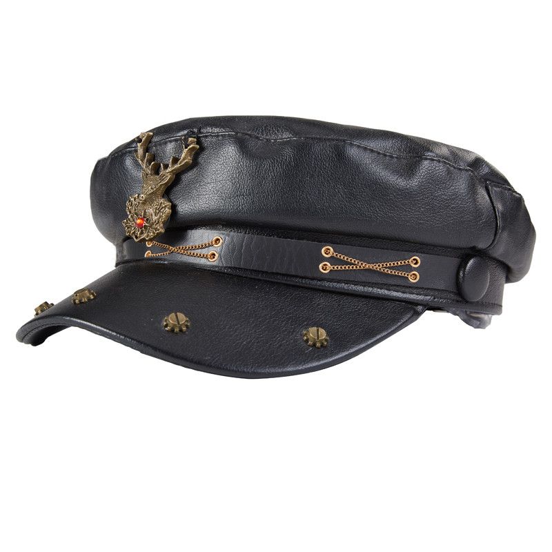 Leather × Vintage Peaked Cap Leather Cyberpunk Hunter with Screw Stud Size ONE SIZE - 1 Thumbnail