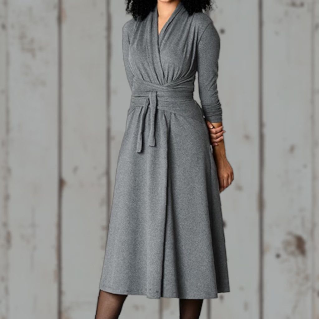Vintage eShakti Dress Women L Gray Cotton Solid V Neck Wrap Tie Waist Knit Long Sleeves Obi Size L / US 10 / IT 46 - 1 Thumbnail