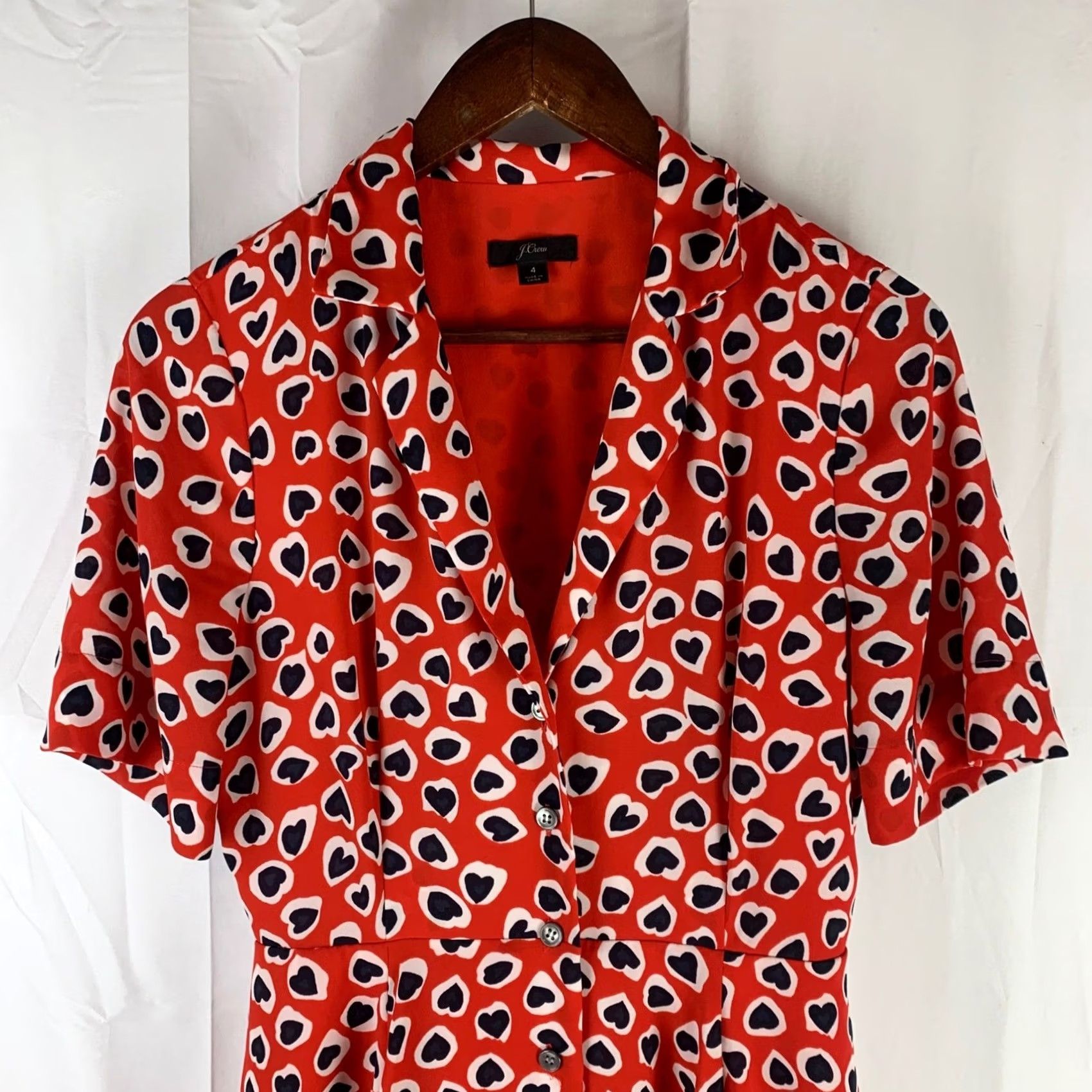 J.Crew J. CREW Heart Dress Red Midi Short Sleeve Collared Fit & Flare Shirt Dress Womens Size 4 Size 27" / US 4 / IT 40 - 2 Thumbnail