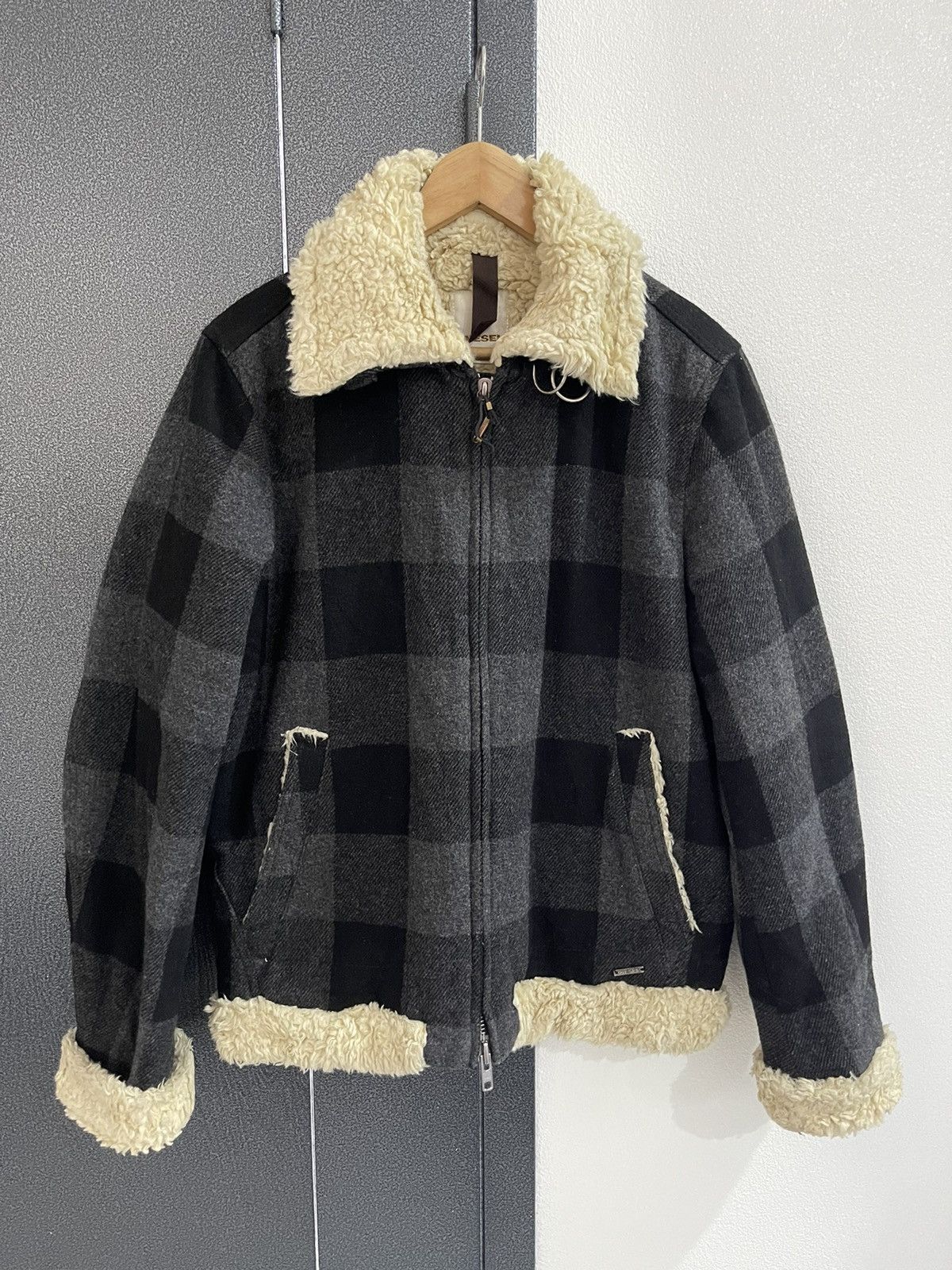 image of Vintage Diesel Flight Jacket Plaid Design in Grey, Men's (Size Medium)