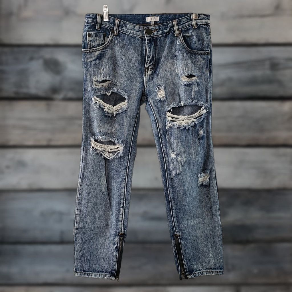 Vintage Tobi Womens Distressed Cropped Jeans Sz 27 Blue Ankle Zip Low Rise Denim Cotton Jeans Womens 27 Distressed Cropped Ankle Zip Size 27" / US 4 / IT 40 - 1 Thumbnail