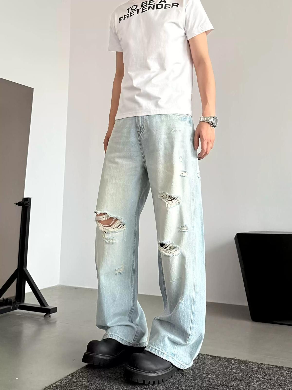 Jean Light Blue Distressed Wide Leg Jeans, Ripped Loose Fit Size US 28 / EU 44 - 1 Thumbnail