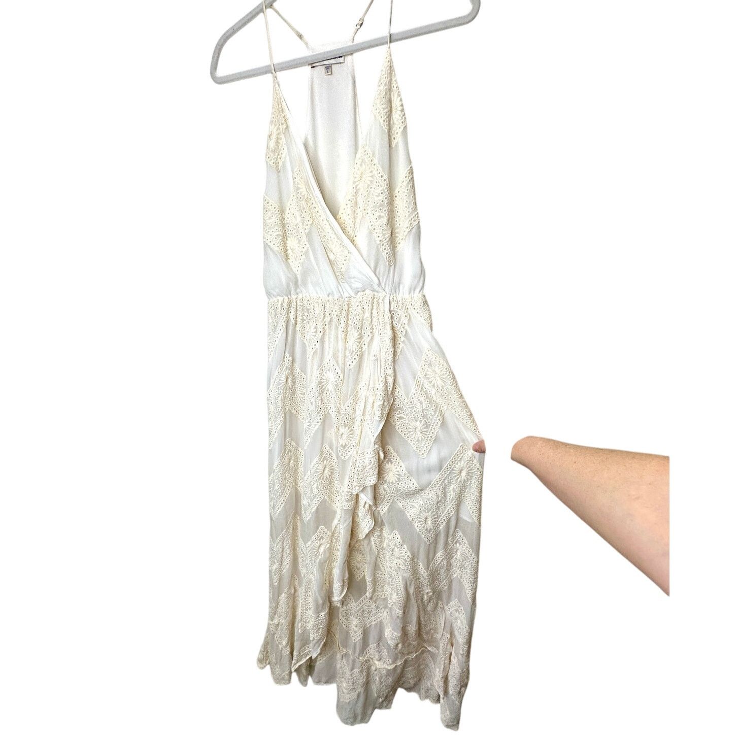Lavender Brown Cream Ruffle Embroidered Tulip Midi Dress L
