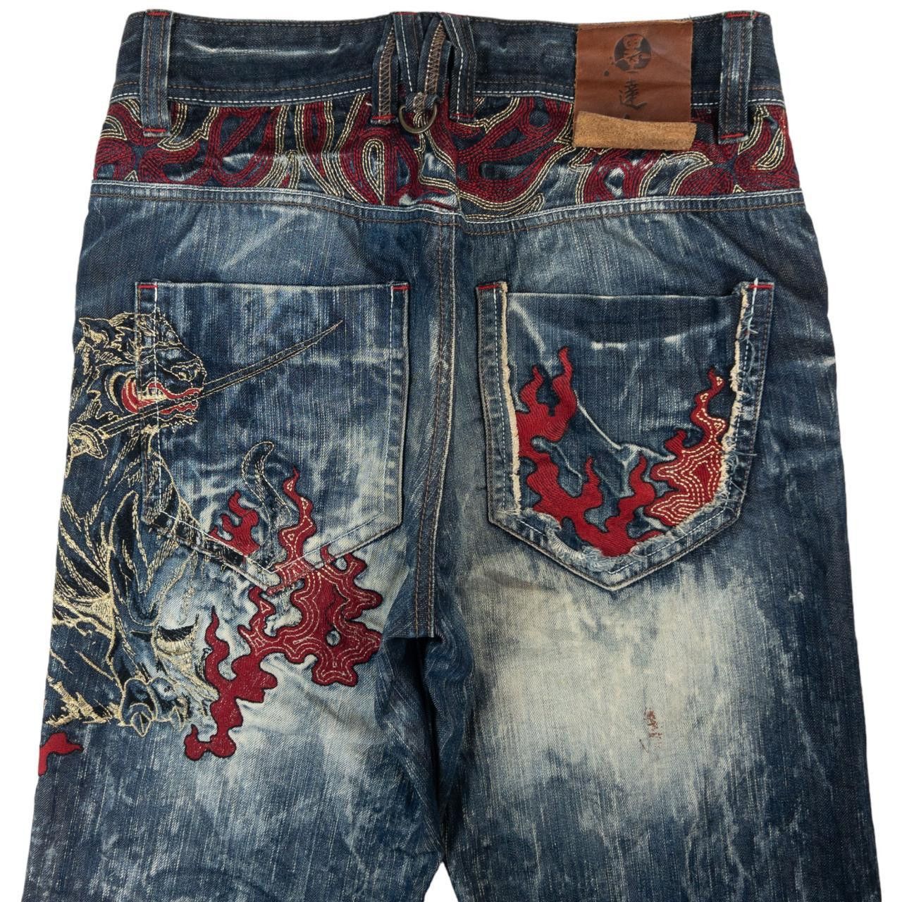 Other Vintage Tiger Flame Embroidered Japanese Denim Jeans W31 Size US 31 - 1 Thumbnail