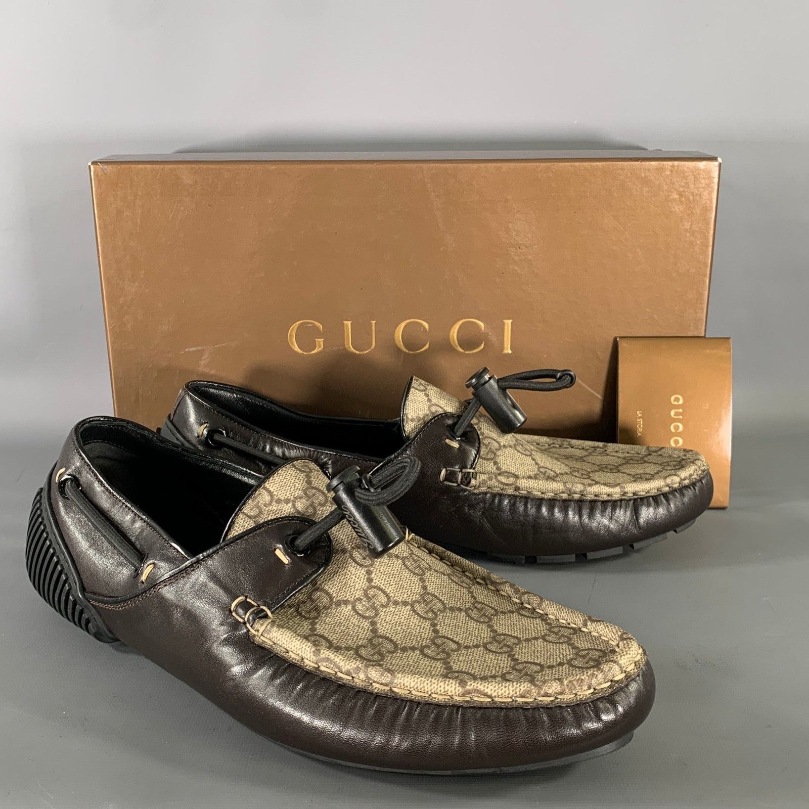 Gucci GUCCI Size 9.5 Tan Brown Monogram Leather Drivers Loafers Size US 9.5 / EU 42-43 - 10 Thumbnail