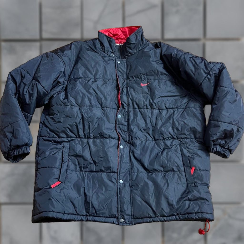 VINTAGE Nike Hooded Puffer Jacket Mens XXL Black Red Embroidered Swoosh 90s Y2K Parka Coat Parka Mens XXL