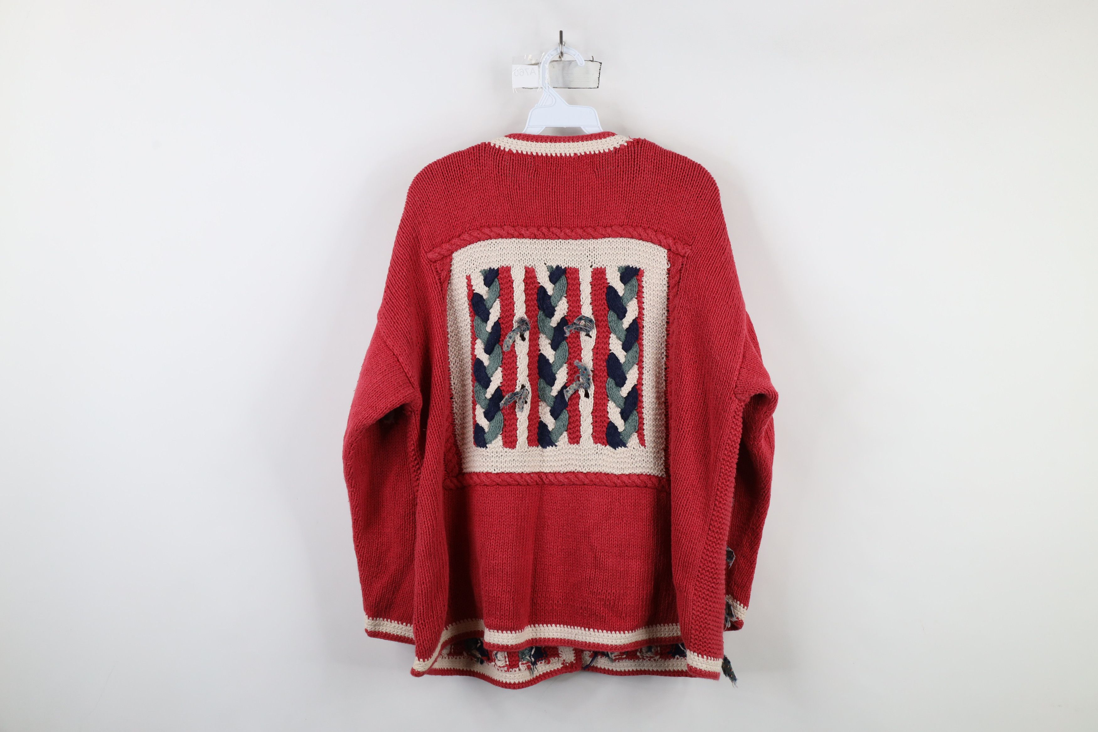 Vintage Vintage 90s Quilt Strip Fringed Chunky Knit Cardigan Sweater Size XL / US 12-14 / IT 48-50 - 11 Thumbnail