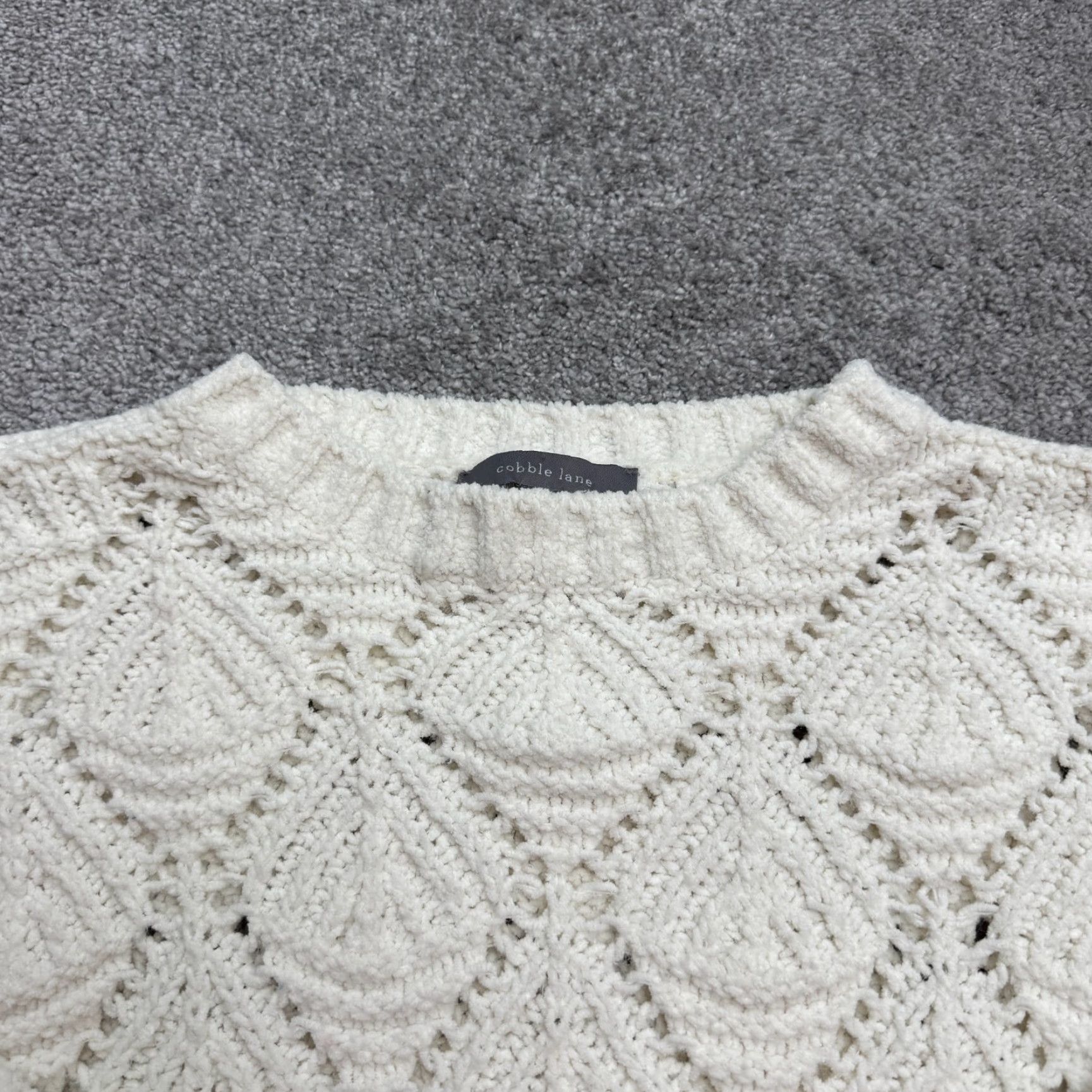 Talbots VINTAGE Cobble Lane Chenile Open Knit Crochet Chunky Pullover Sweater Womens 1X Cream Size XL / US 12-14 / IT 48-50 - 4 Thumbnail