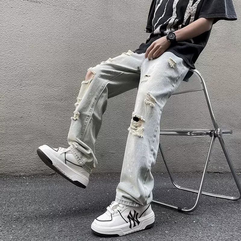Jean Men's hiphop slim straight ripped raw edge washed jeans Size US 32 / EU 48 - 3 Thumbnail