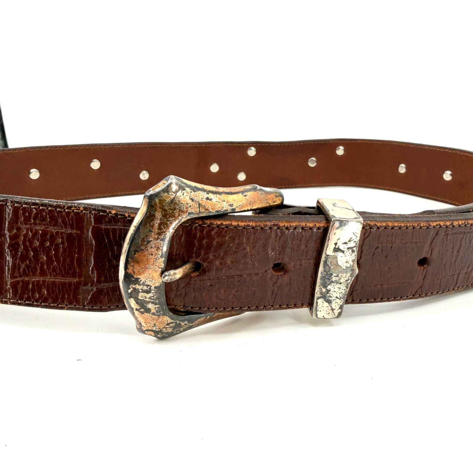90s Brown Croc Embossed Leather Wildlife Medallion Belt