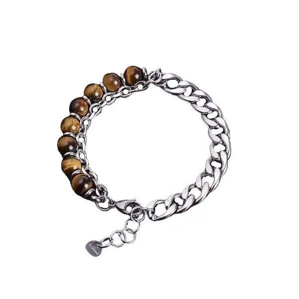 Jewelry Brown Tiger Eye Beaded Chain Bracelet, Chunky Silver Link Size ONE SIZE - 4 Thumbnail