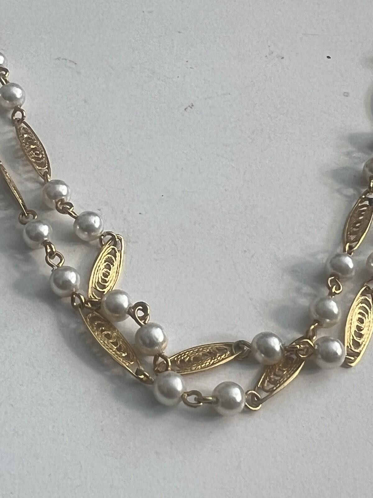 Other vtg Trifari Stamped Gold Tone Faux Pearl Necklace Double Han Size ONE SIZE - 5 Thumbnail