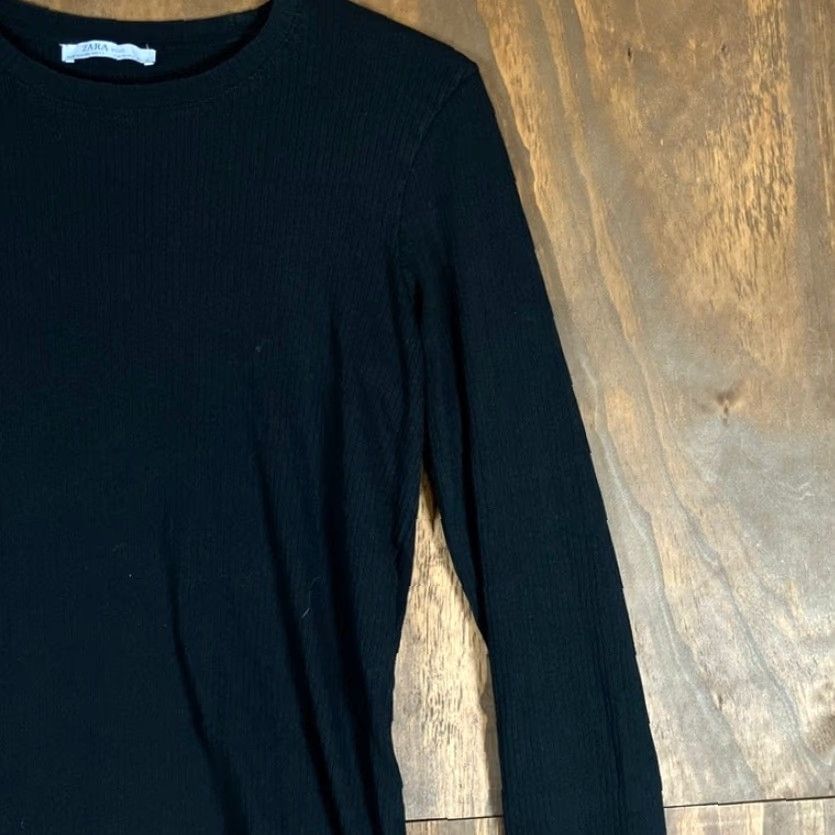 Zara ZARA Womens Shirt Black Ribbed Crew Neck Button Wrist Long Sleeve Stretch Large Size L / US 10 / IT 46 - 5 Thumbnail