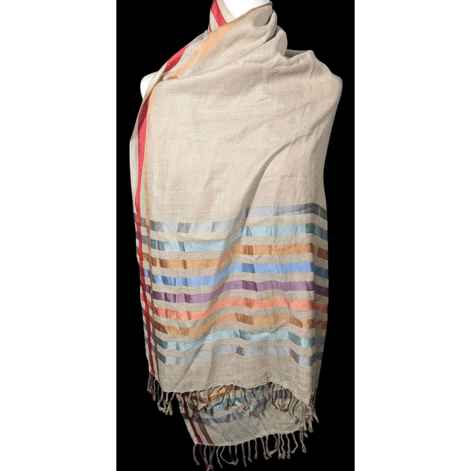 Other Vintage Cream Rainbow Stripe Accent Fringe Scarf Size ONE SIZE - 1 Thumbnail