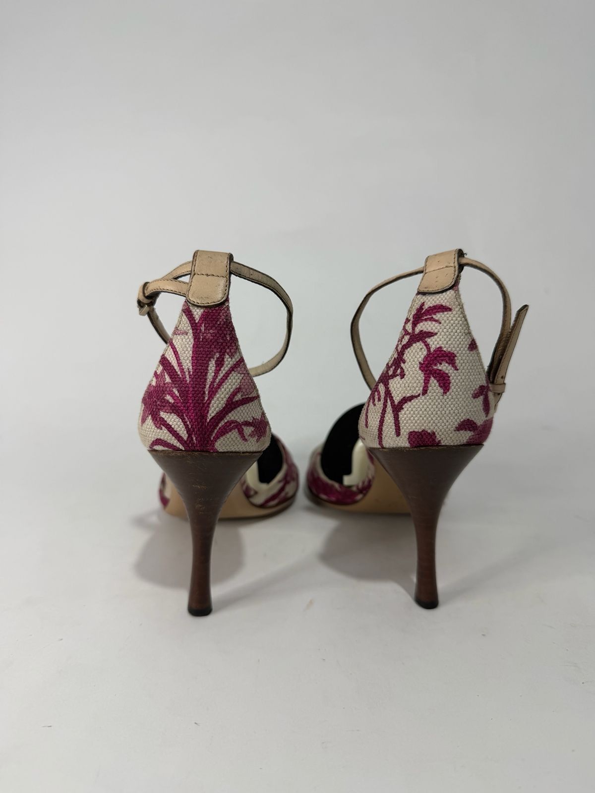 Gucci Pink Flora Canvas Bamboo Ankle Strap Sandals EU38