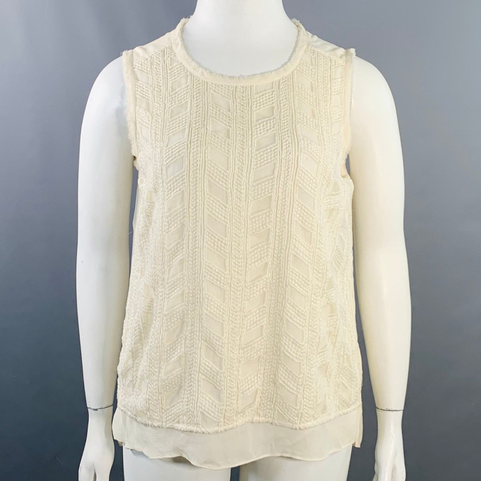 Vince VINCE Cream Embroidered Geometric Raw Edge Sleeveless Top Size L / US 10 / IT 46 - 1 Thumbnail