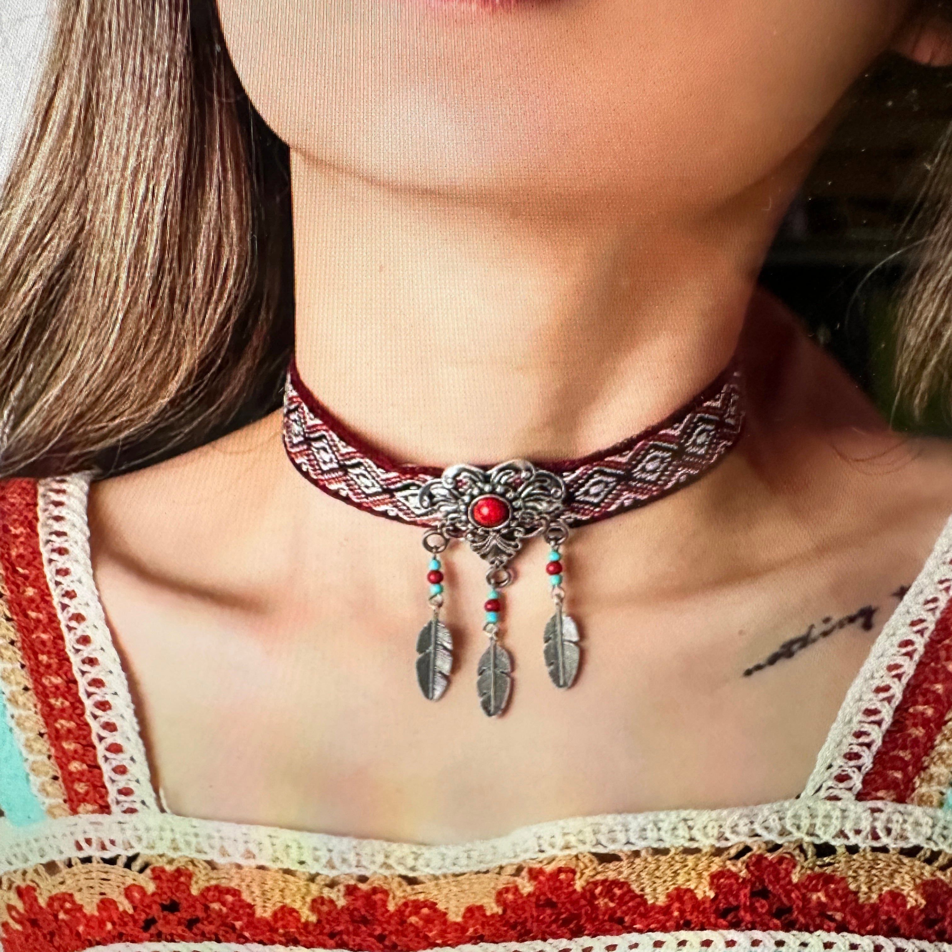 Other Handcrafted Bohemian Coral & Feather Choker Necklace with Gi Size ONE SIZE - 1 Thumbnail