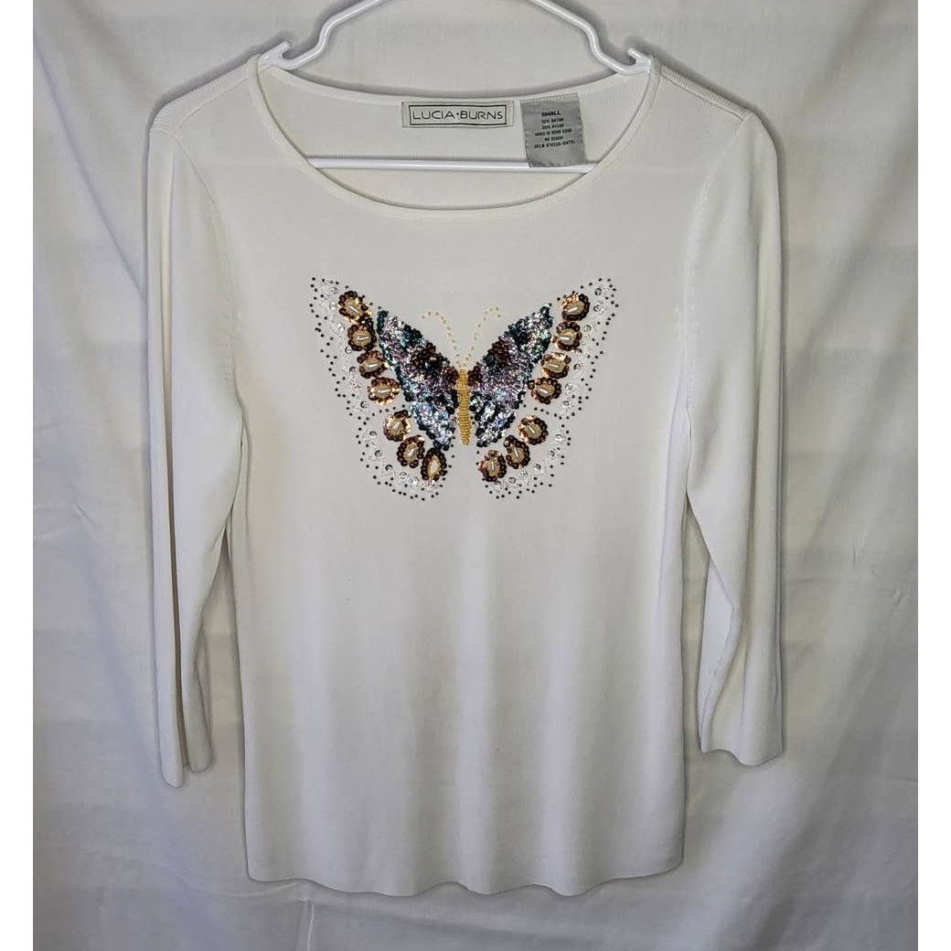 Vintage 90s/Y2K Off White Beaded Butterfly Top 3/4 Sleeves Sequins Size S / US 4 / IT 40 - 1 Thumbnail