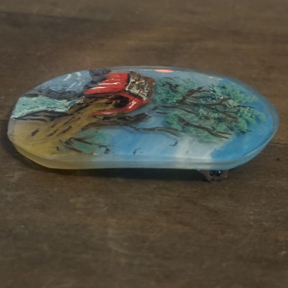 Vintage Vintage hand painted covered bridge scene glass brooch Size ONE SIZE - 3 Thumbnail