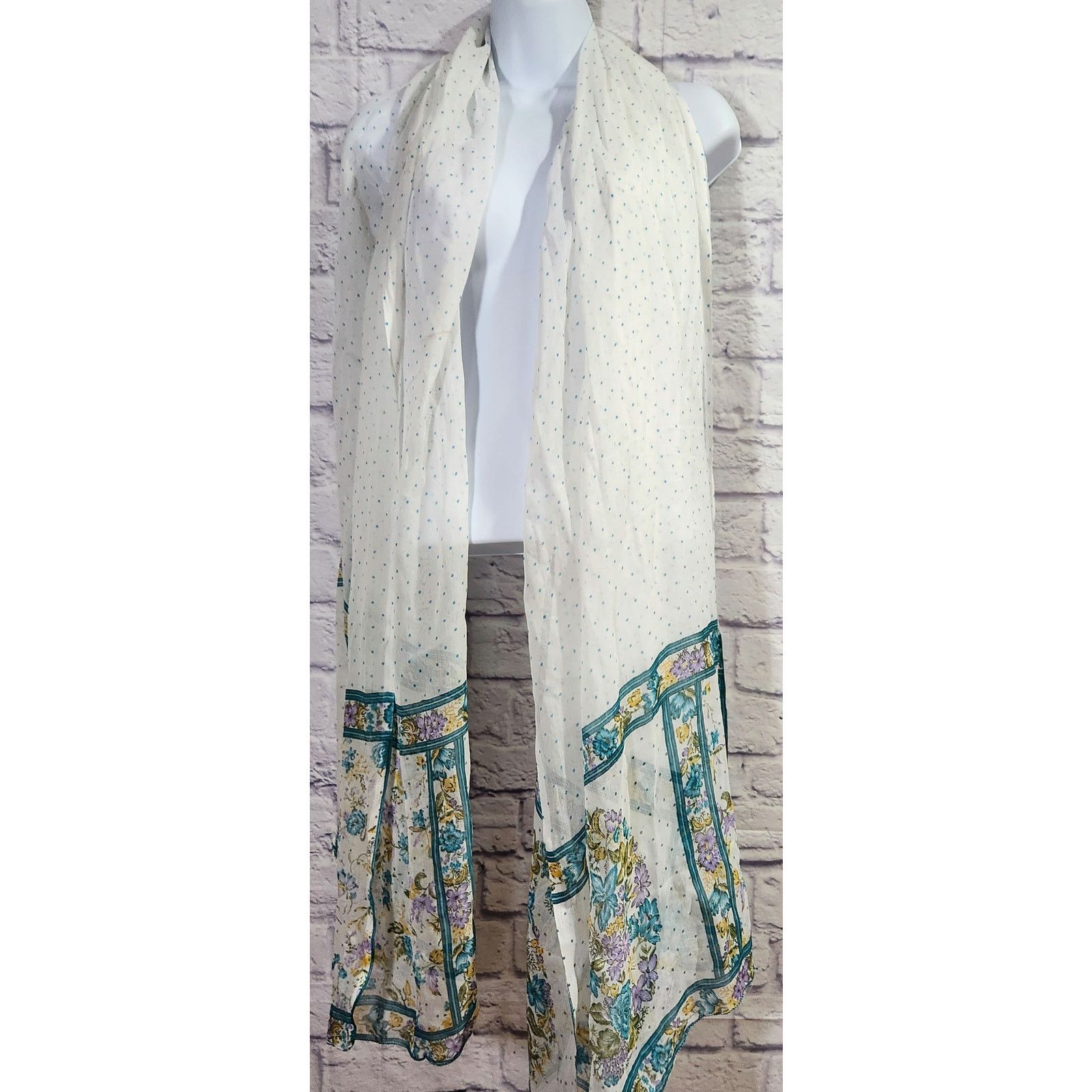 Other VTG White Blue Multicolor Polka Dot Floral Sheer Scarf Long Size ONE SIZE - 1 Preview